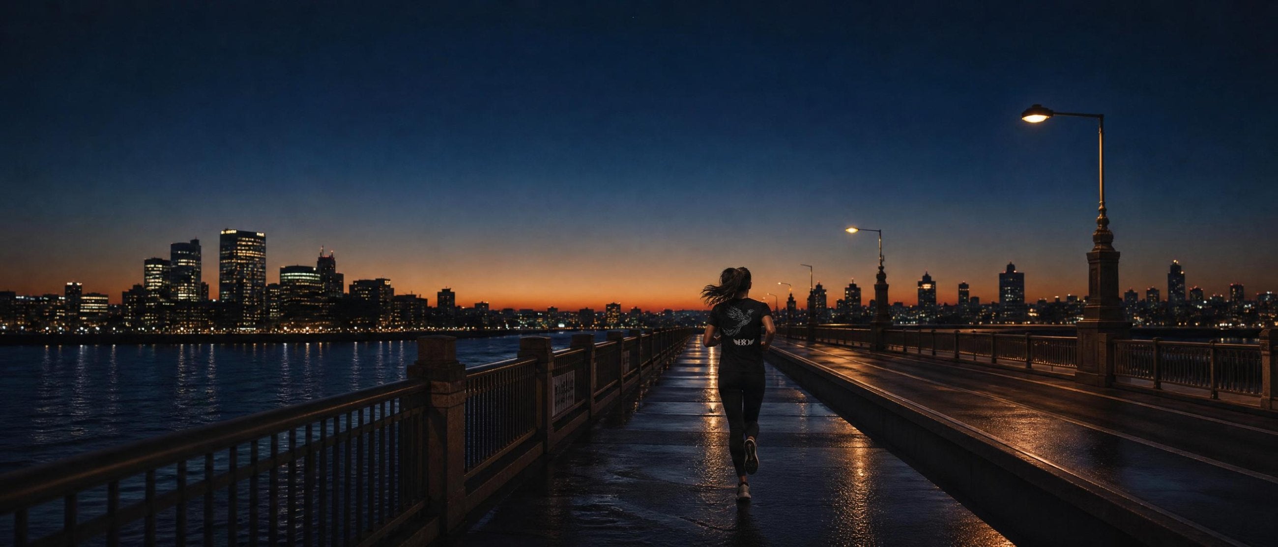 Corredora cruzando un puente de noche con la ciudad al fondo