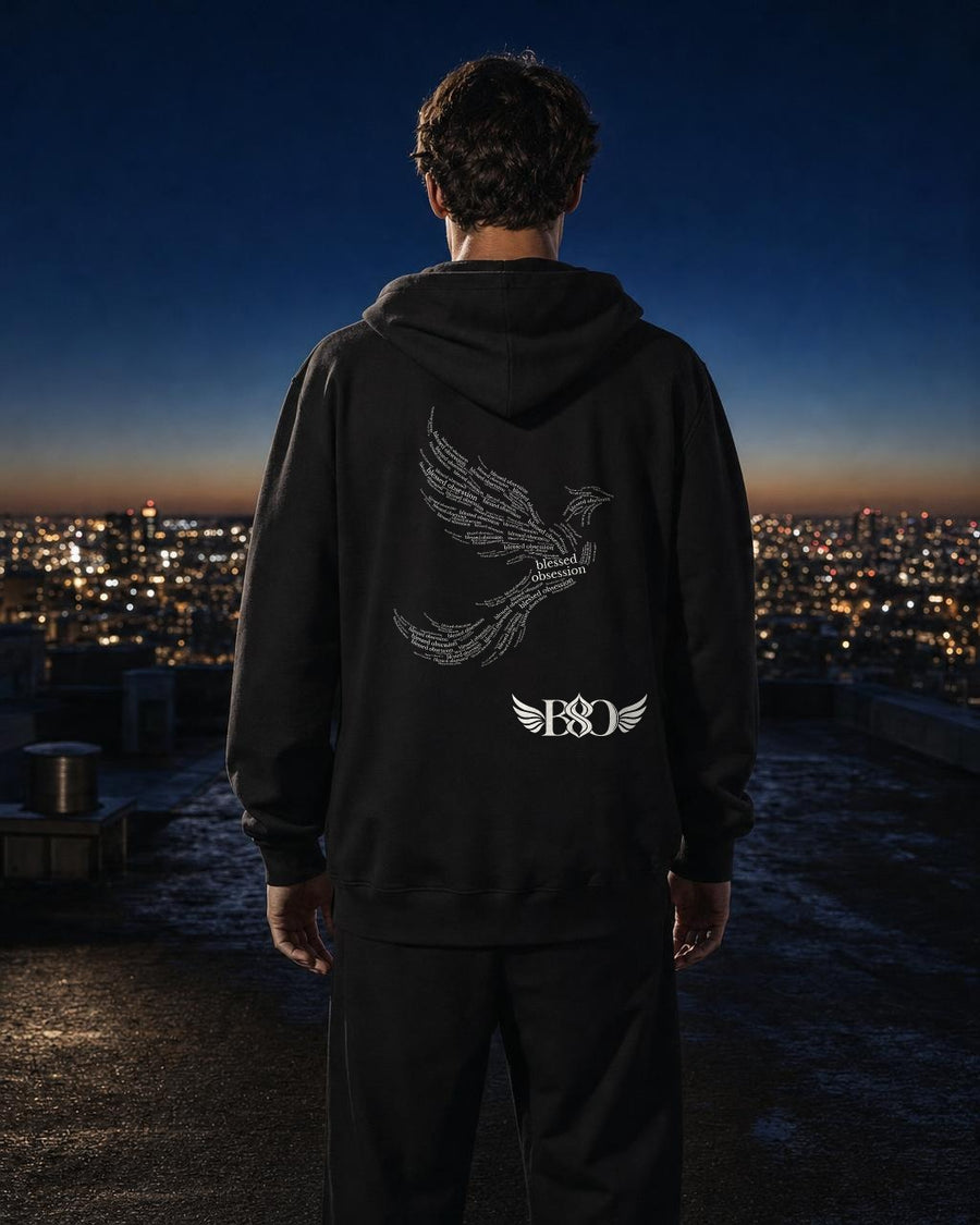 Phoenix Hoodie black — back, large phoenix print, rooftop at night